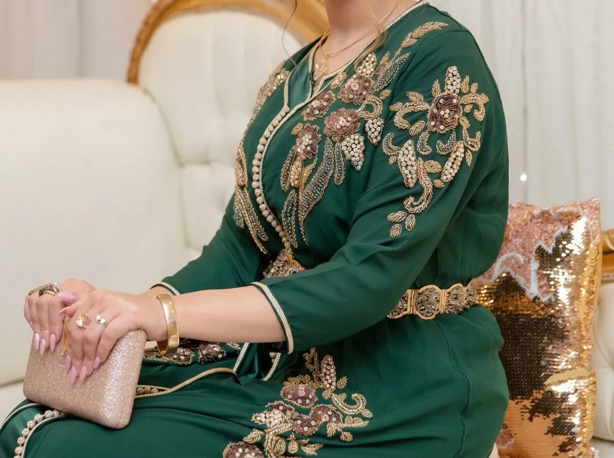Caftan Vert Bouteille Deux Pièces Brodé Or — Taille L