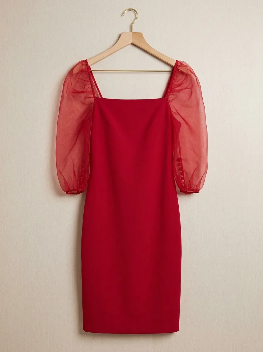 Robe Rouge Midi Manches Bouffantes — Taille L Comme Neuve